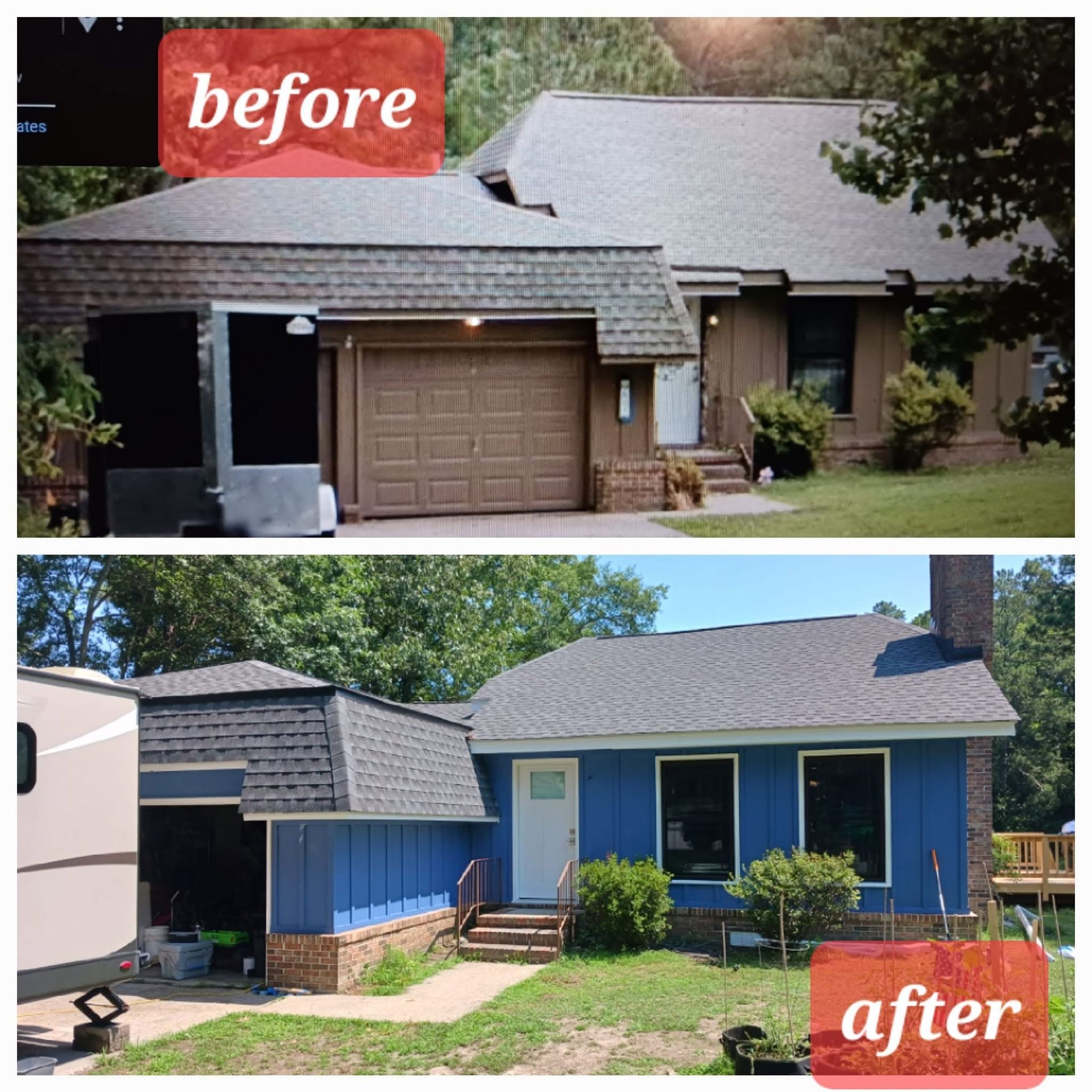 Before-and-after of a small house exterior: gray roof and brown siding changed to bright blue siding with white trim.