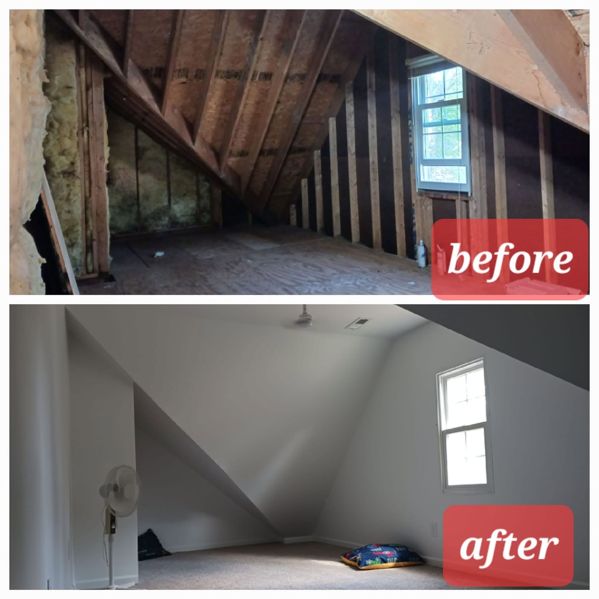 Attic renovation before-and-after: exposed rafters and unfinished space transformed into a bright white room