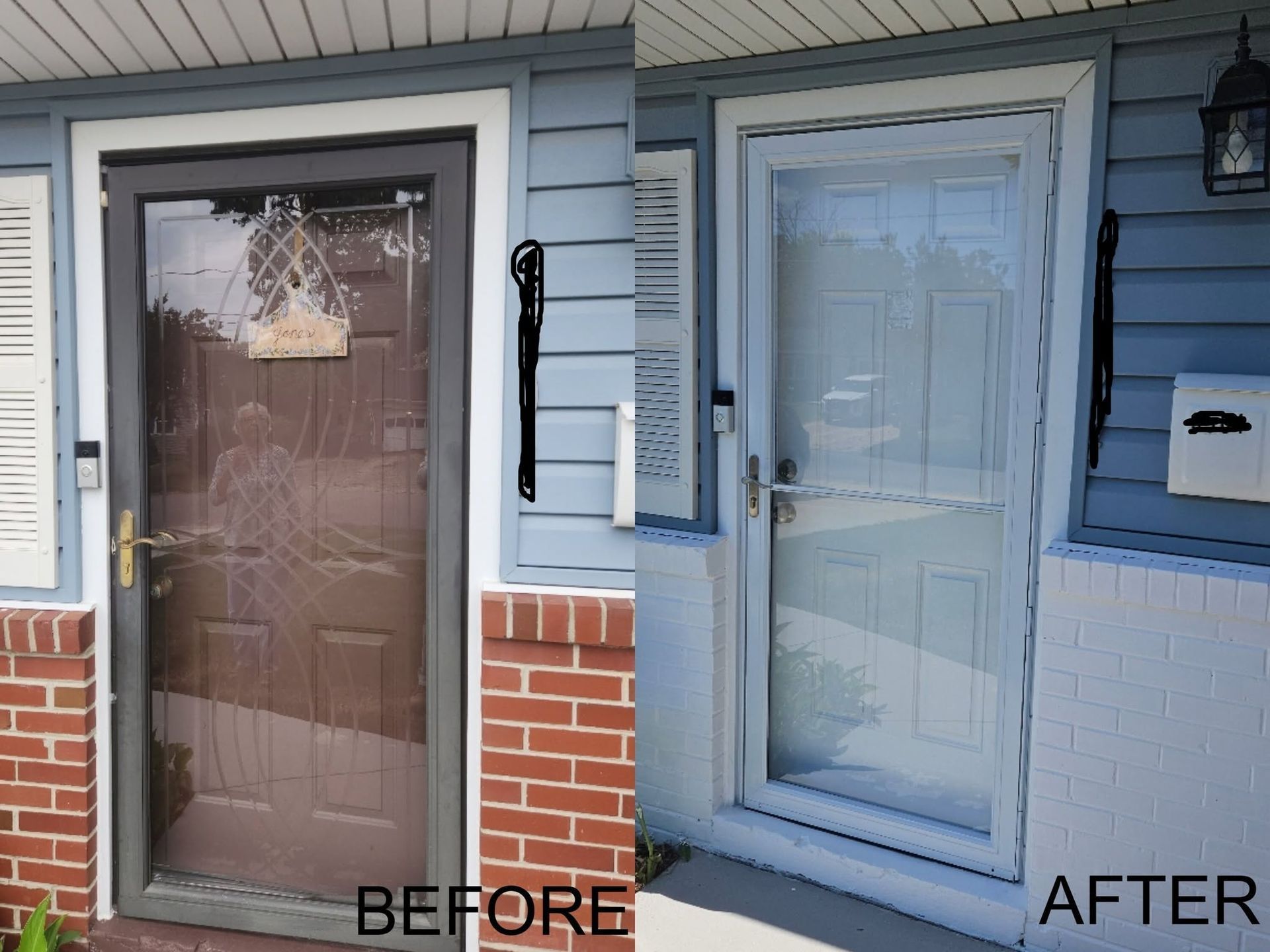 Before-and-after of a front porch door: old brown door replaced with a white one.
