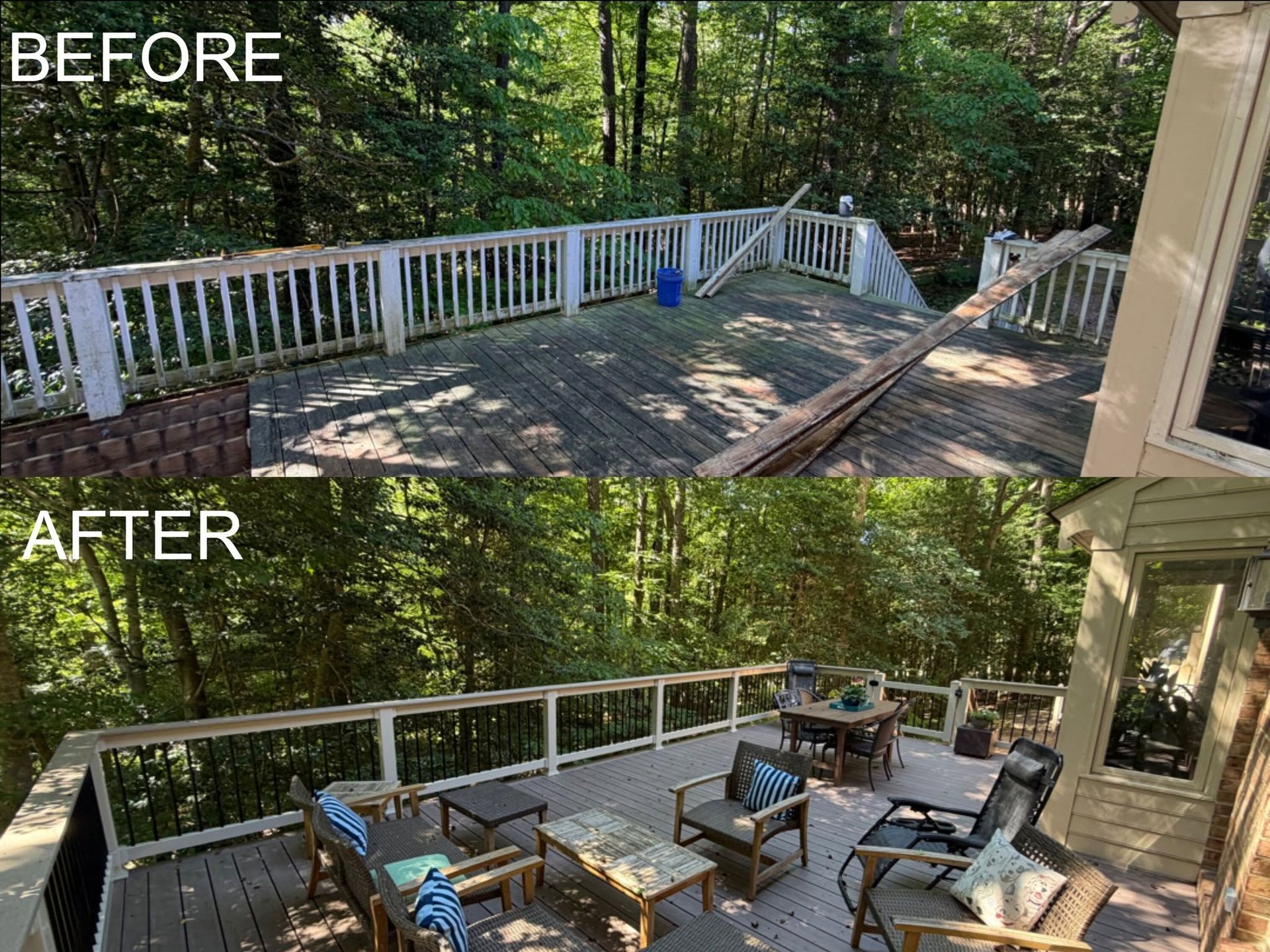 Before-and-after deck renovation: old gray deck replaced with a furnished wooden deck and white railing.
