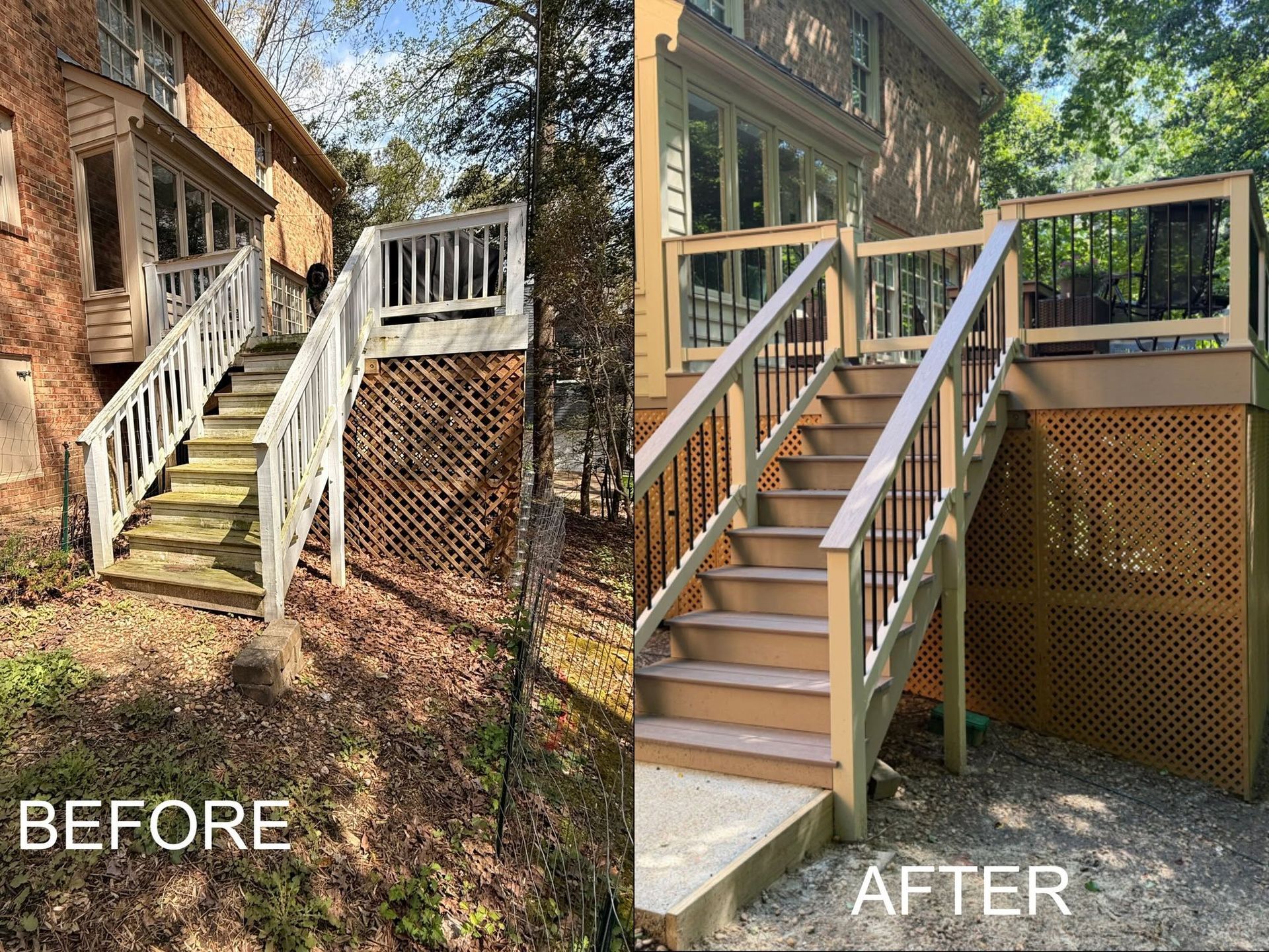 Before-and-after of a house deck staircase renovation with new railings and steps.