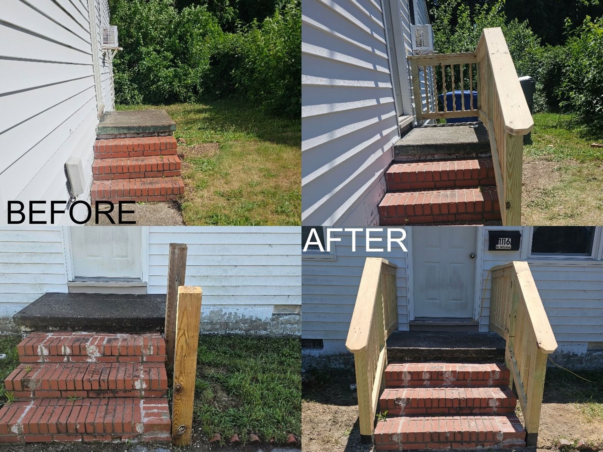 Before-and-after of front steps with added tan railings and improved accessibility.