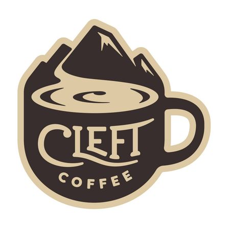 Cleft Coffee logo with a mountain, coffee cup, and beige-and-brown badge design