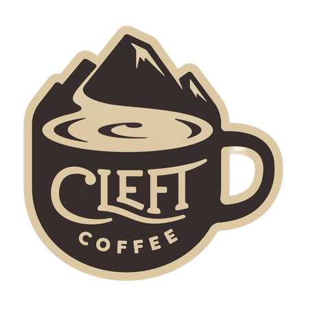 Cleft Coffee logo with a mountain, coffee cup, and beige-and-brown badge design
