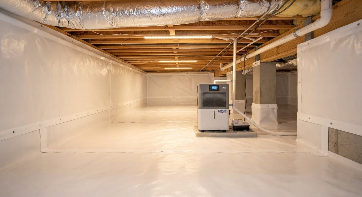Empty unfinished basement with white walls, exposed beams, and a furnace unit in the center