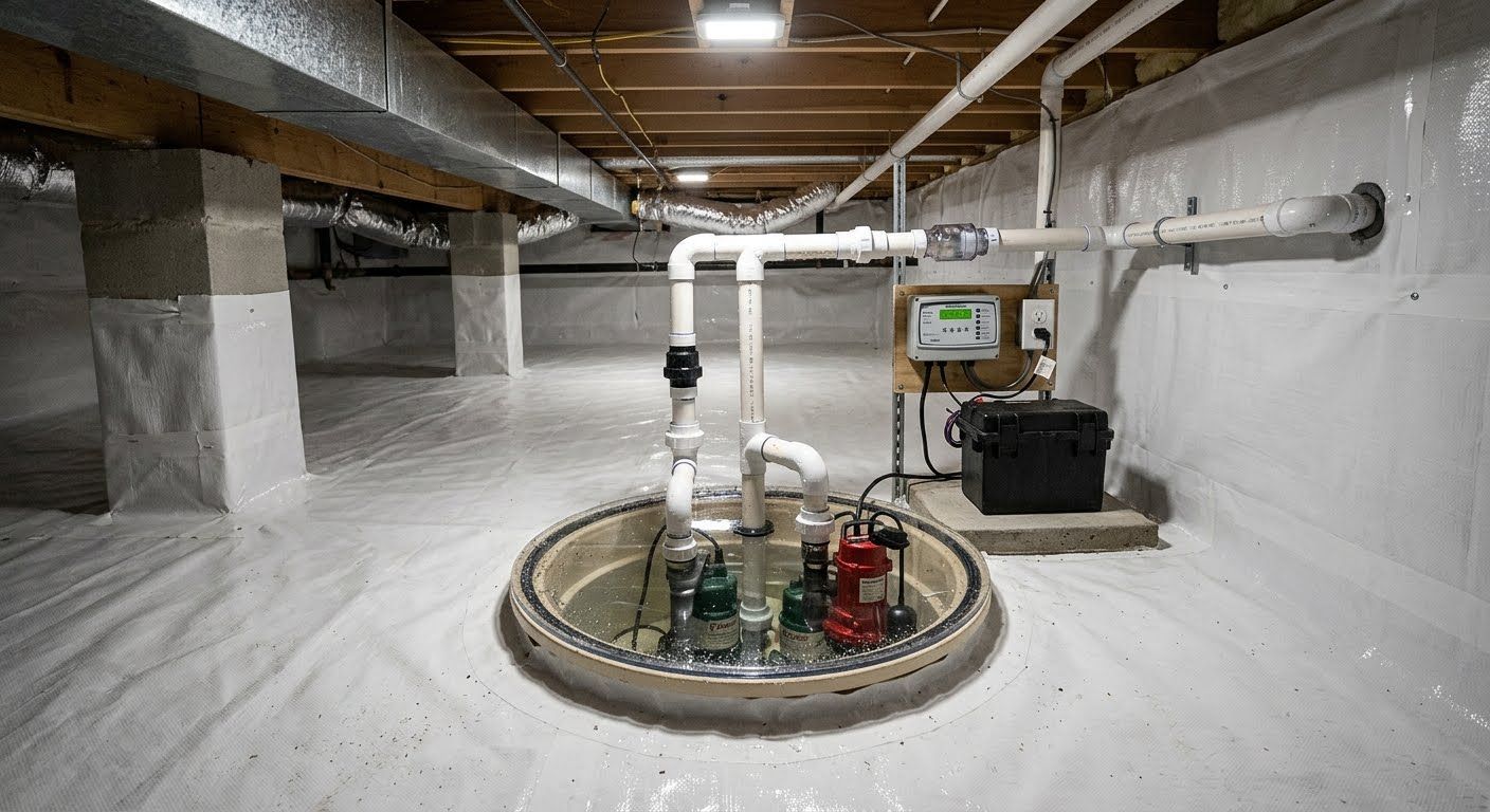 Basement utility room with a sump pit, white pipes, pumps, and a small control panel.