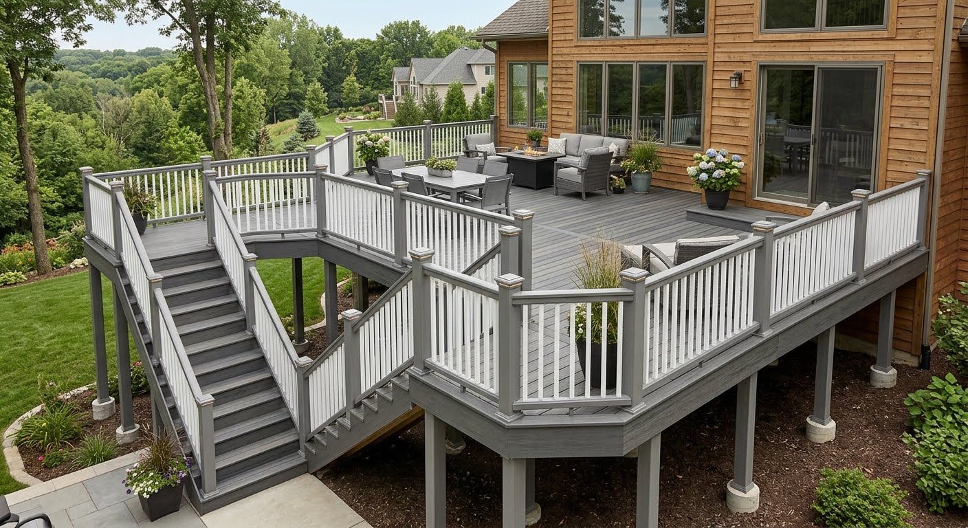 Wraparound gray deck with stairs around a wooden house, overlooking trees and an outdoor patio area