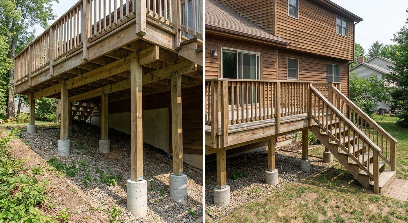 Wooden deck stairs and support posts beneath a raised house on concrete footings