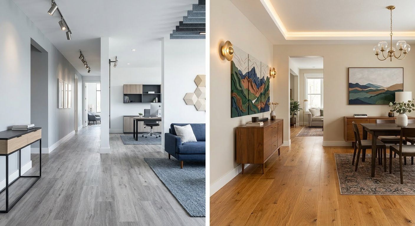 Open-plan apartment interior with gray wood floors, white walls, and a dining area with colorful wall art