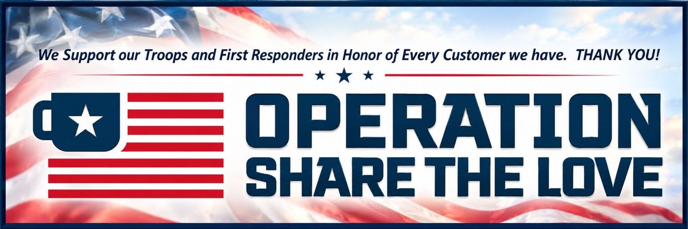 Banner reading Operation Share the Love with a Texas flag heart and a message supporting troops