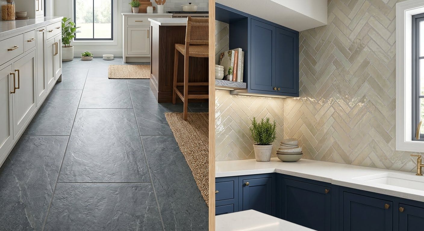Split view of a kitchen: gray tile floor on the left, navy cabinets and herringbone backsplash on the right
