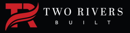 Two Rivers Built logo in red and white on a black background