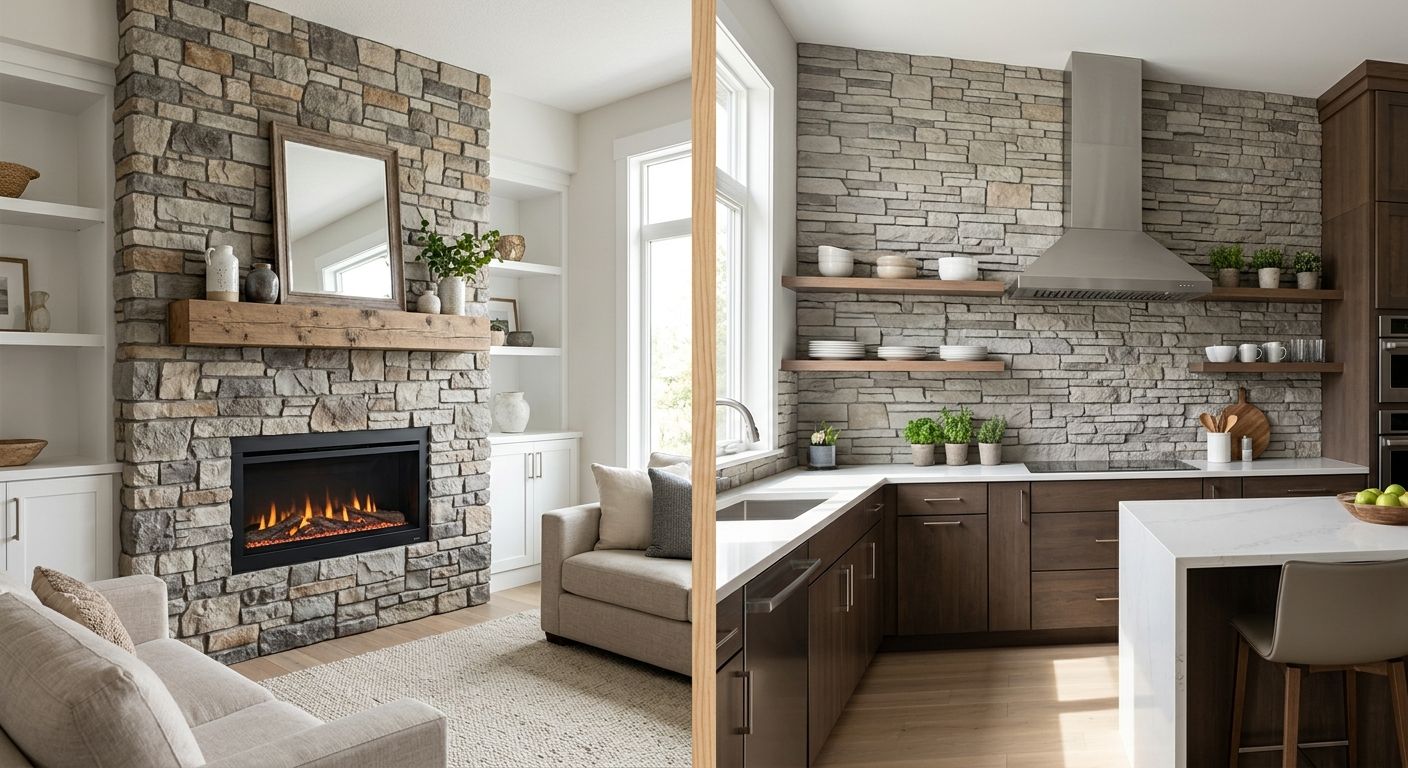 Cozy living room with stone fireplace and mantel beside a modern kitchen with wood shelves and white island