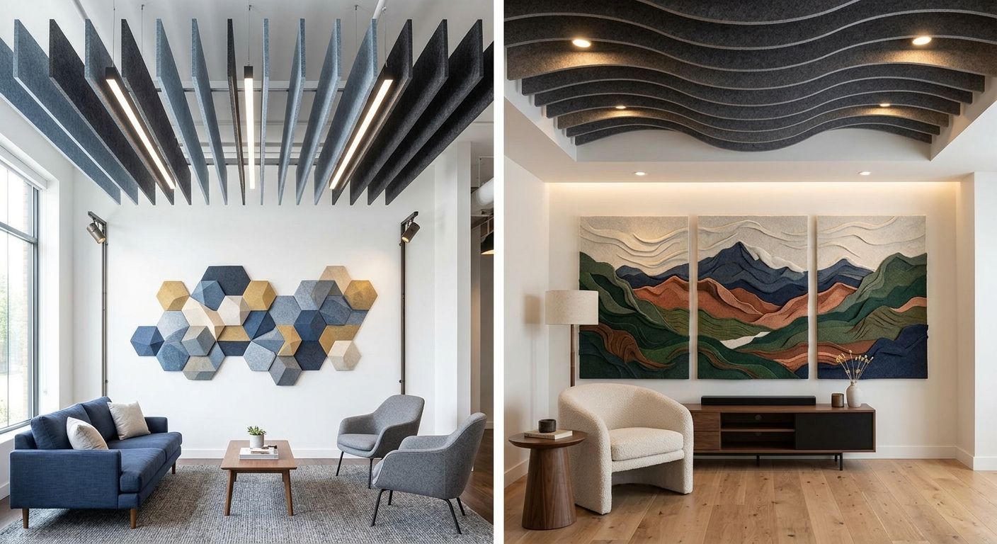 Two modern living rooms with sculptural ceilings, neutral furniture, and abstract wall art.