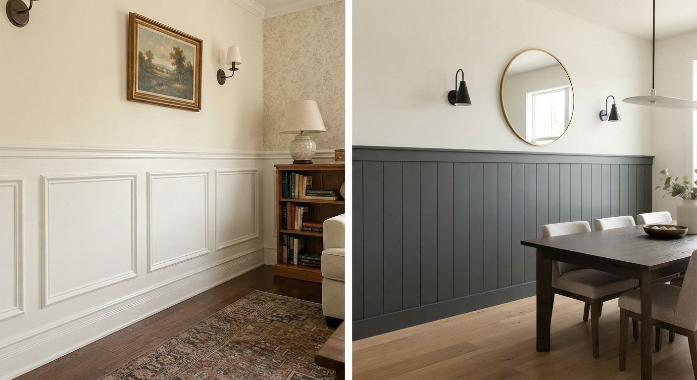 Split view of a dining room: white paneled wall on the left, dark paneled wall with table and mirror on the right.