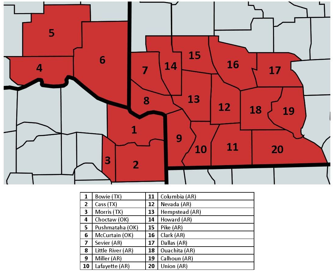 Red-highlighted numbered map regions on a gray background, with a small legend below.