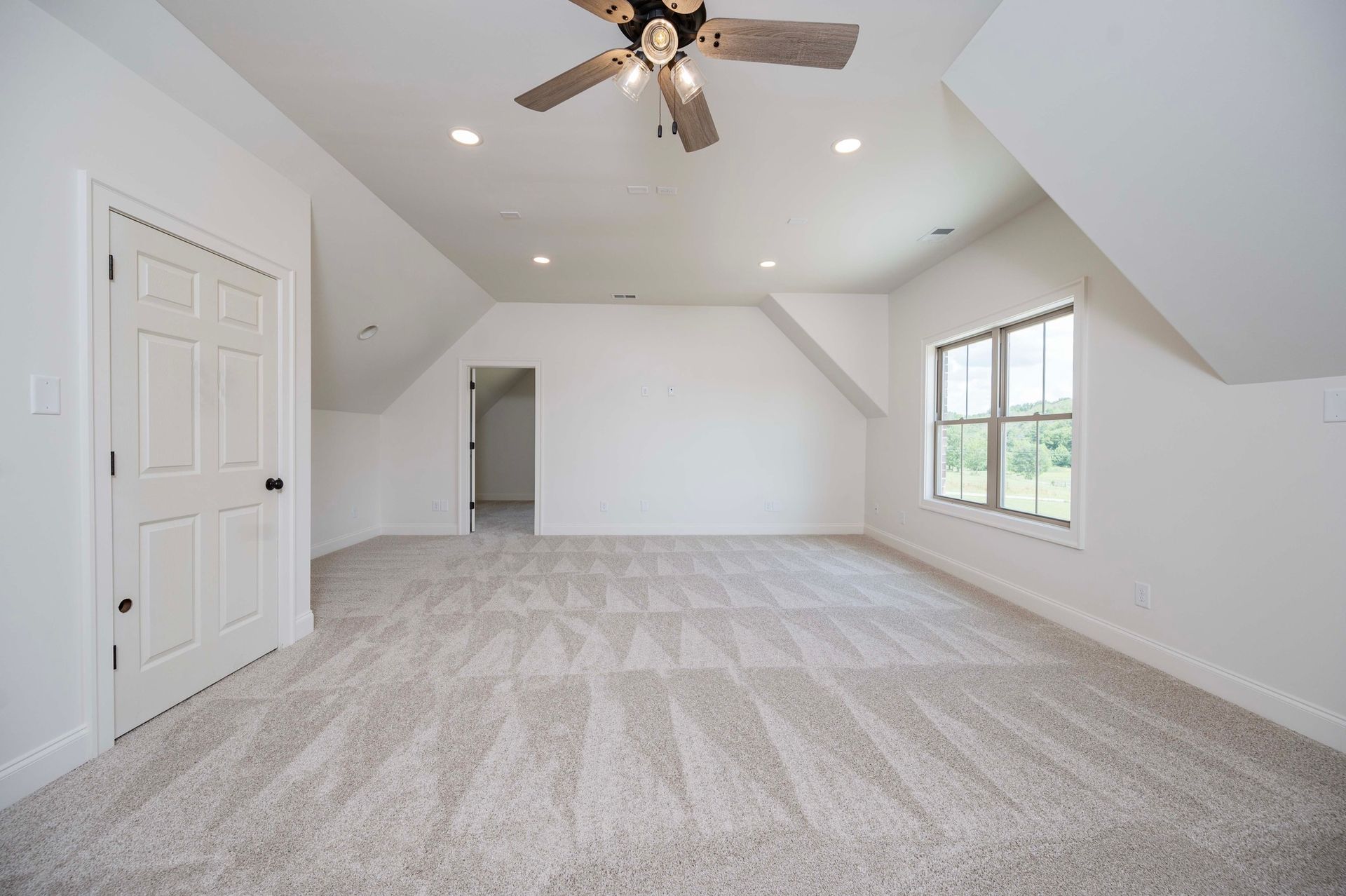 Empty white room with carpet, door, window, and ceiling fan.
