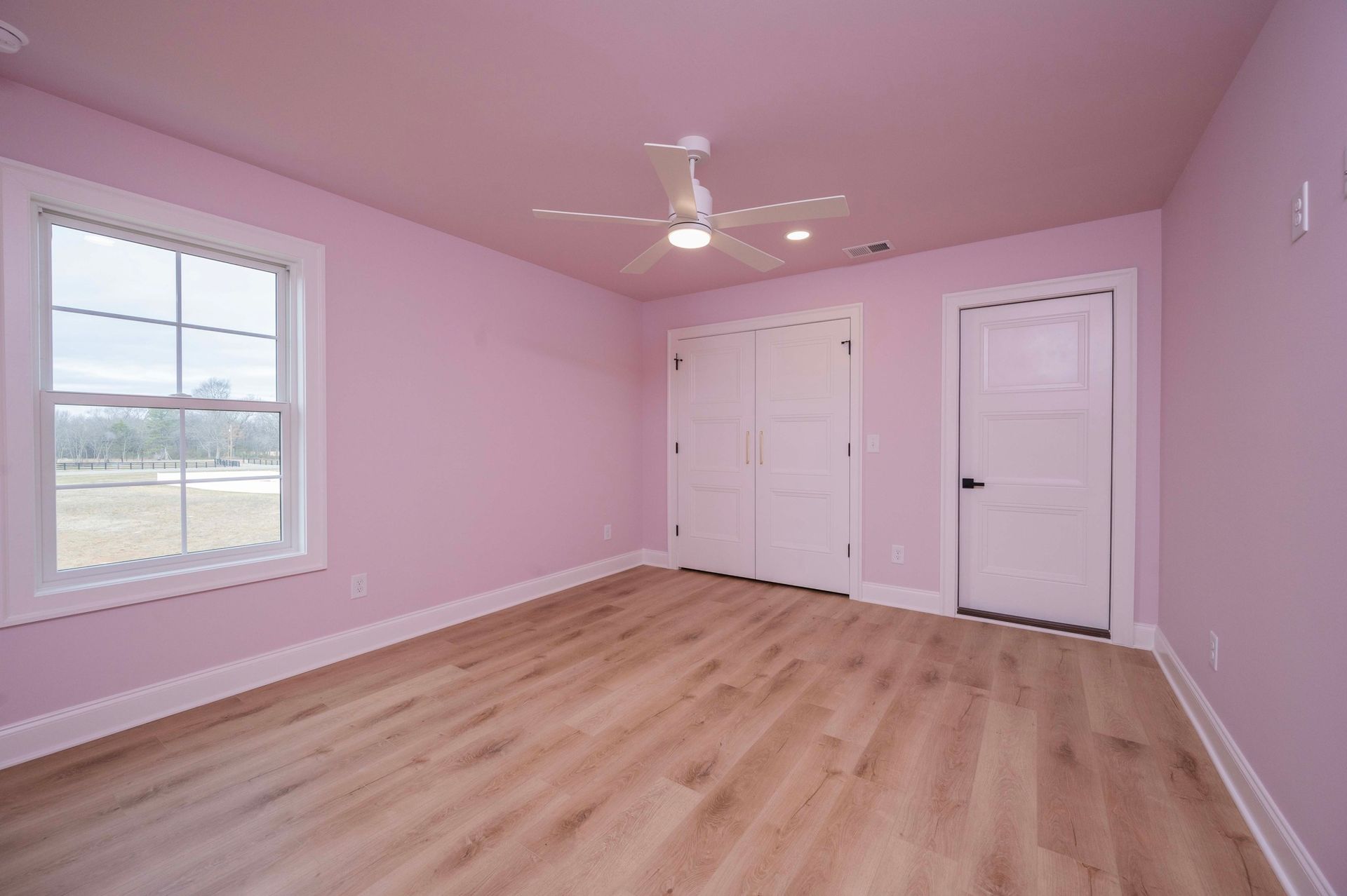 Empty bedroom with pink walls, white trim and doors, and wood-look flooring. A window and ceiling fan are present.