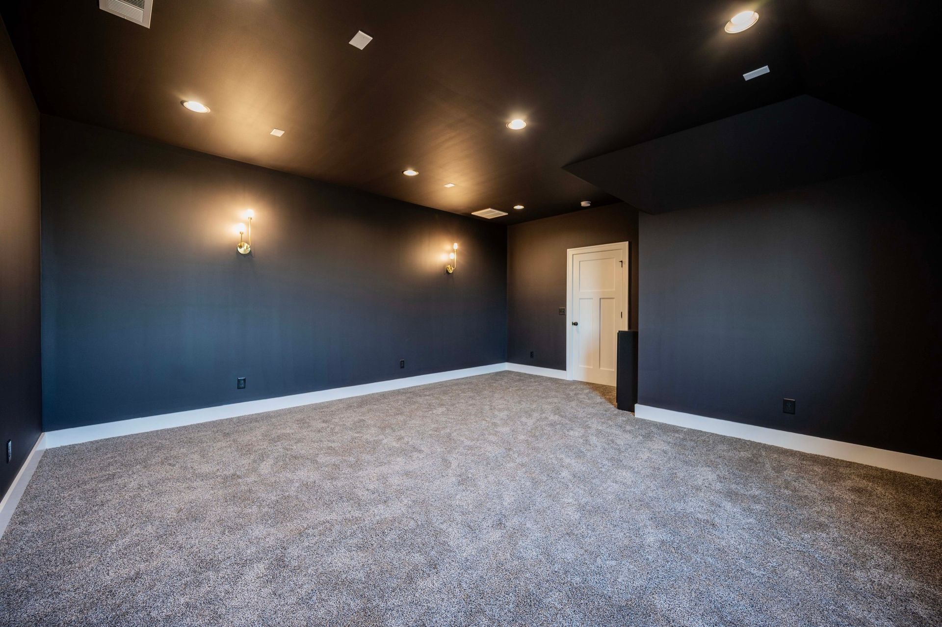 Dark-walled, carpeted room with recessed lighting and a black ceiling. A white door is visible, and the room appears empty.