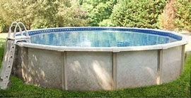 Above-ground swimming pool with blue water, ladder, and green trees in the background