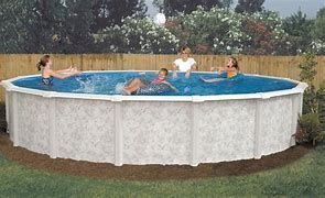 Children playing in an above-ground pool in a backyard, with a fence and grass around it