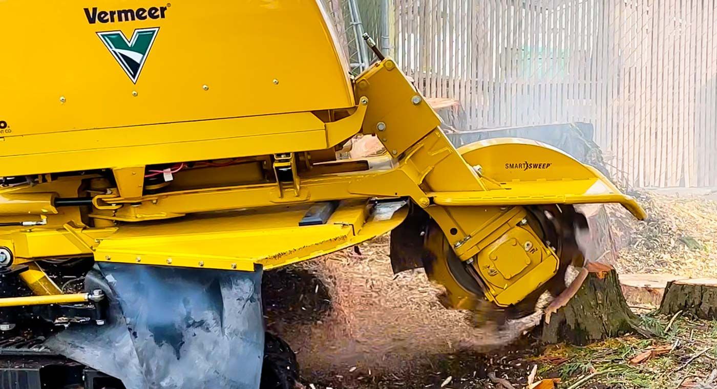 Yellow Vermeer stump grinder grinding a tree stump.