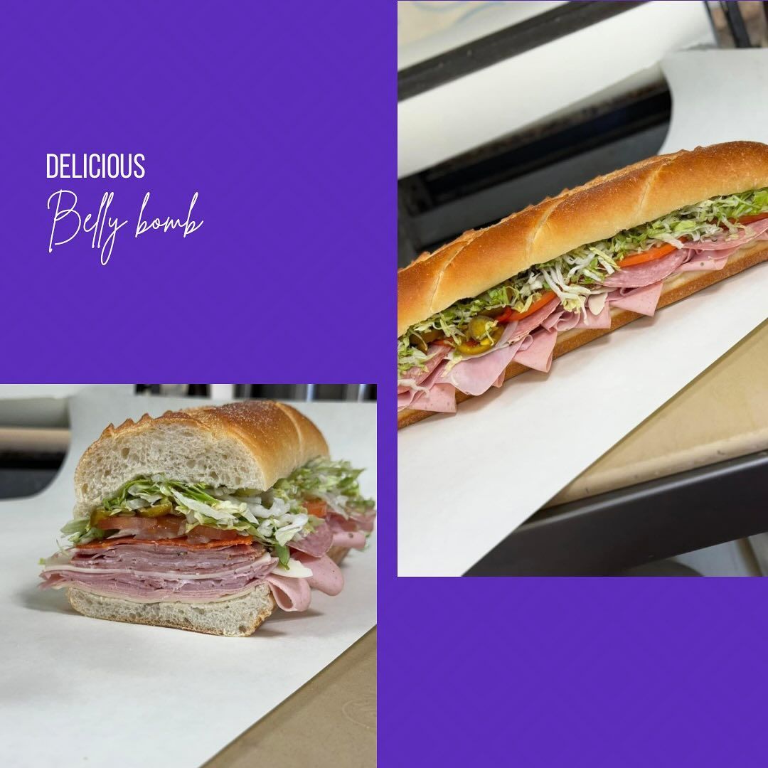 Sub sandwich on white tray, shown in close-up collage with purple “Delicious by Belly Bomb” branding.