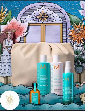 Moroccanoil hair care products set with a bag, illustration background.