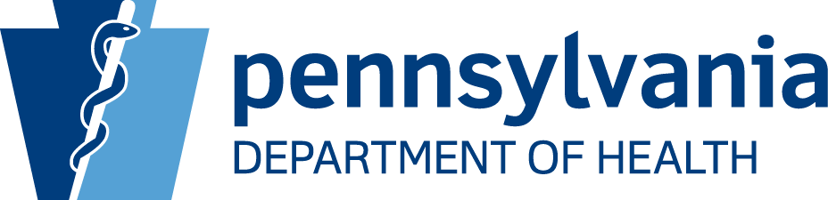 The pennsylvania department of health logo is blue and white