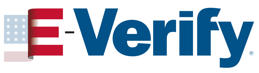 A logo for e verify with an american flag in the background