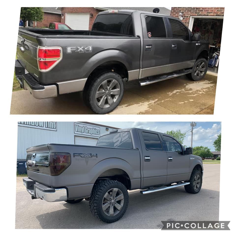 Gray Ford F-150 pickup truck shown from the rear-left in two outdoor driveway views.
