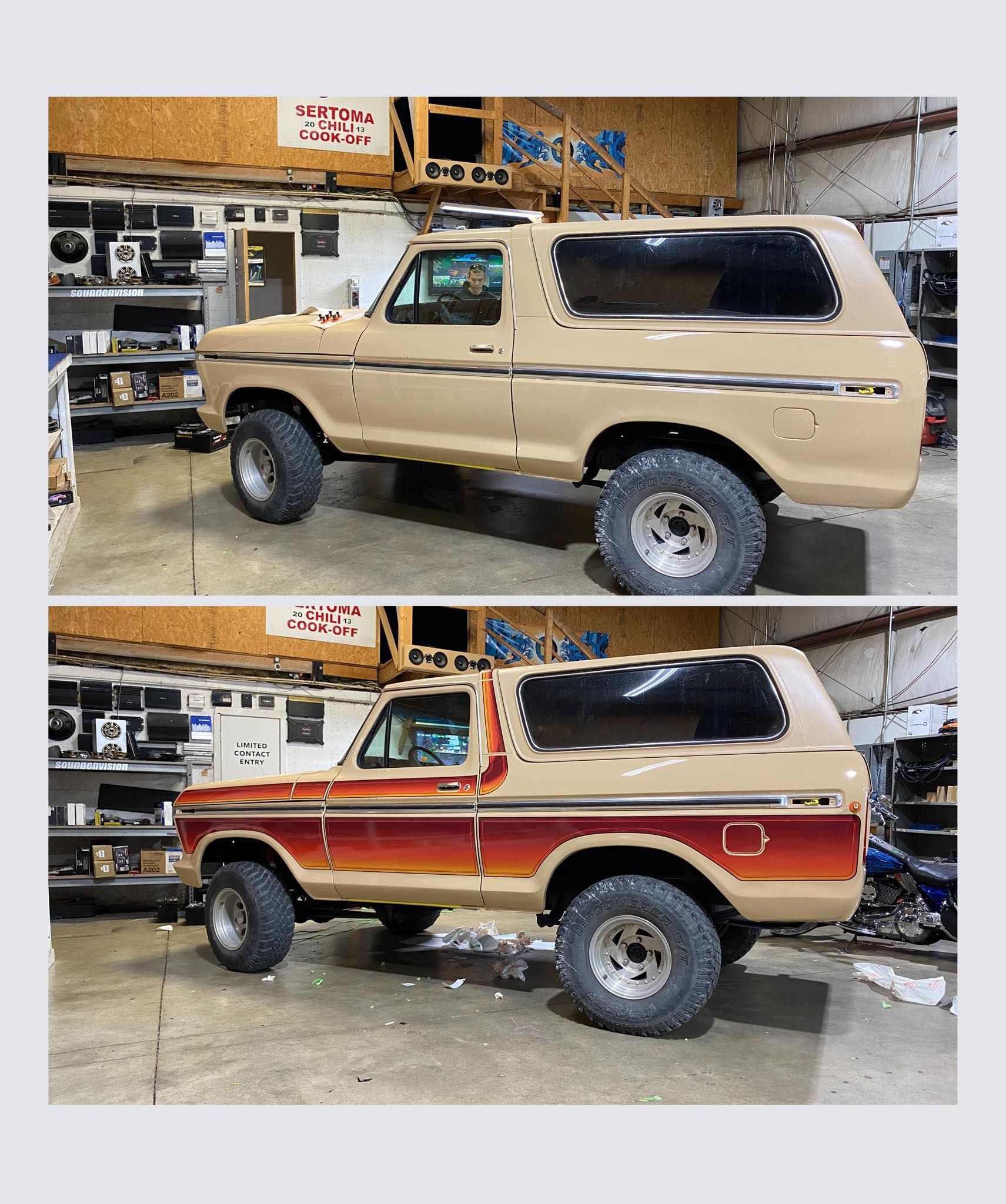 Two side-view photos of a tan and red classic SUV in a garage, likely before and after paint work.