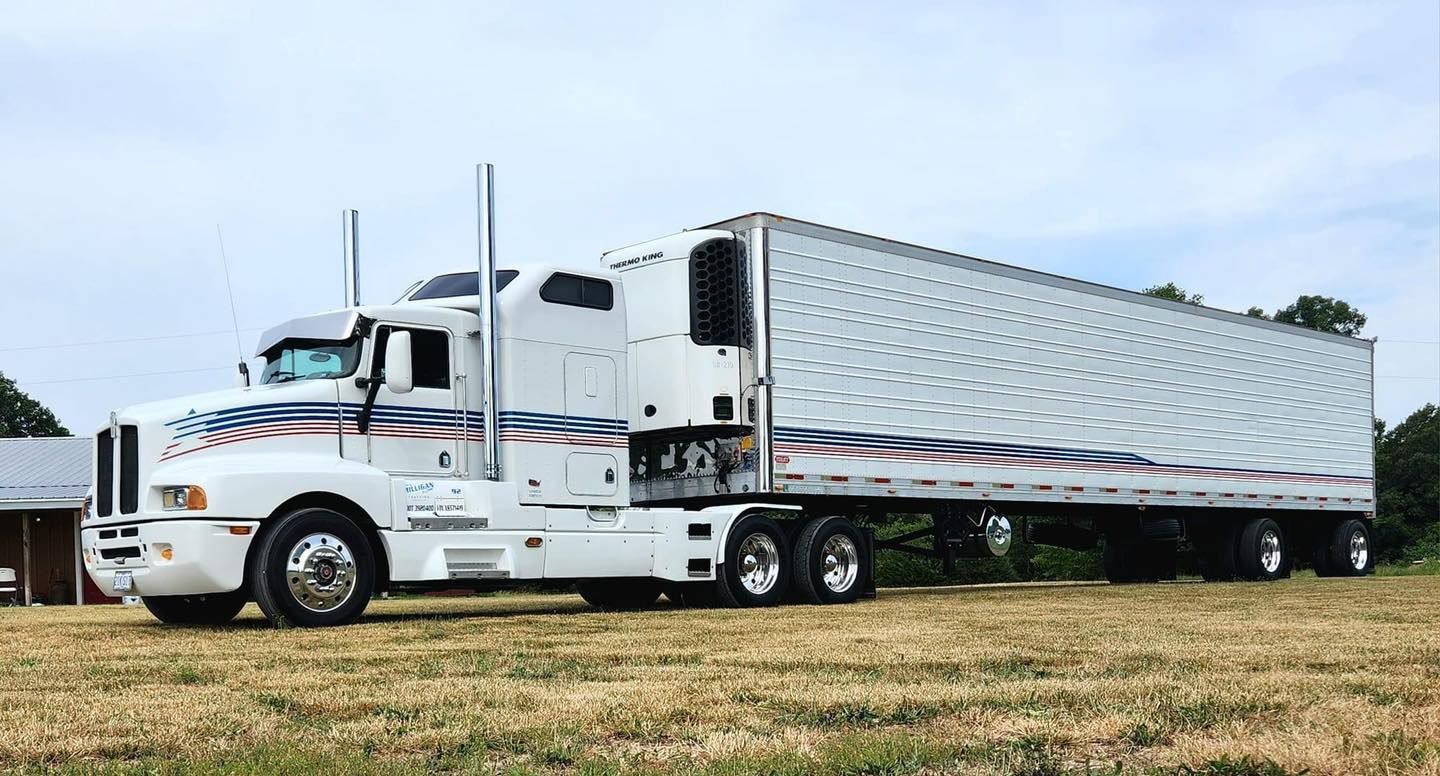 White semi-truck with a silver trailer parked on grass under a cloudy sky