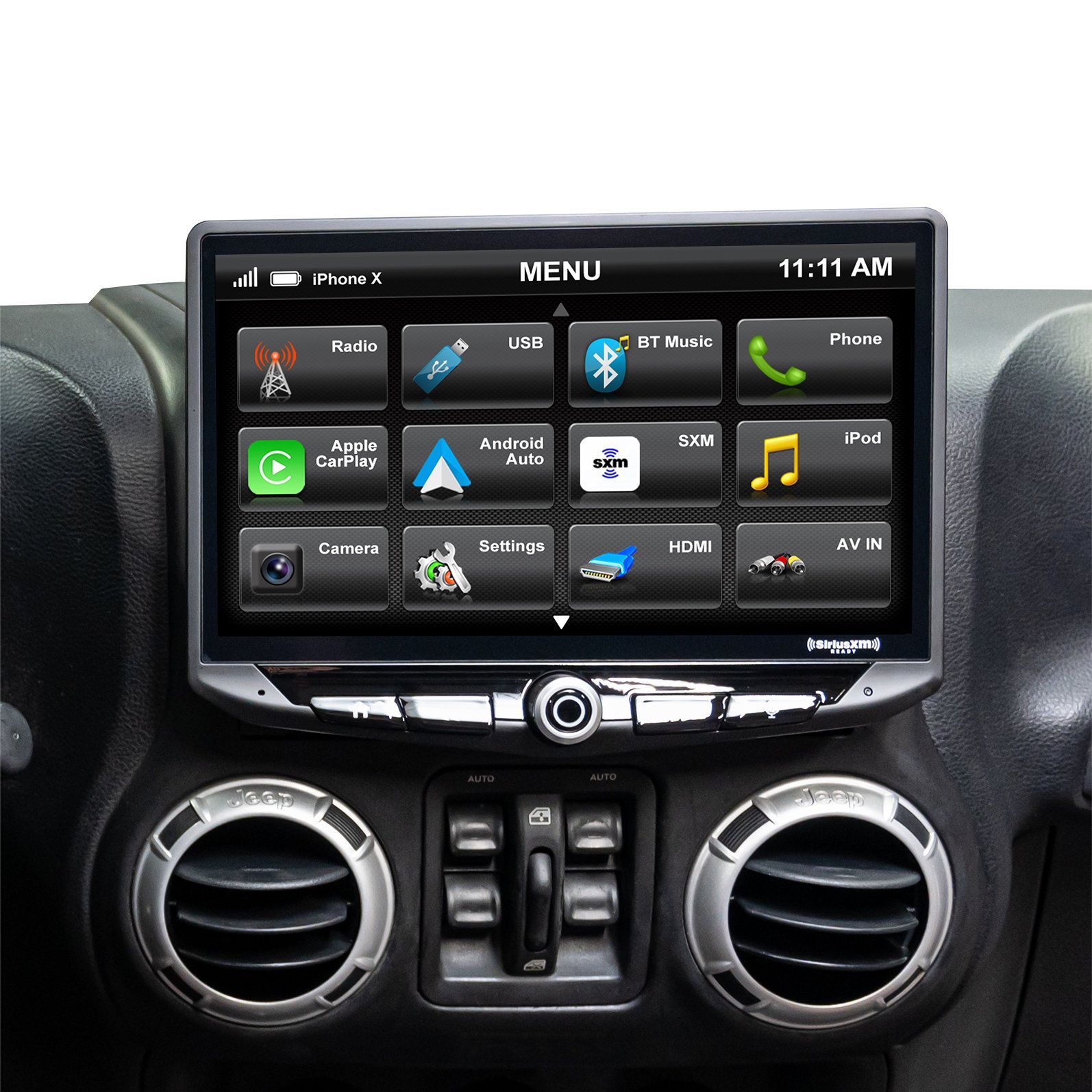 Car dashboard with a touchscreen infotainment menu and air vents beneath it
