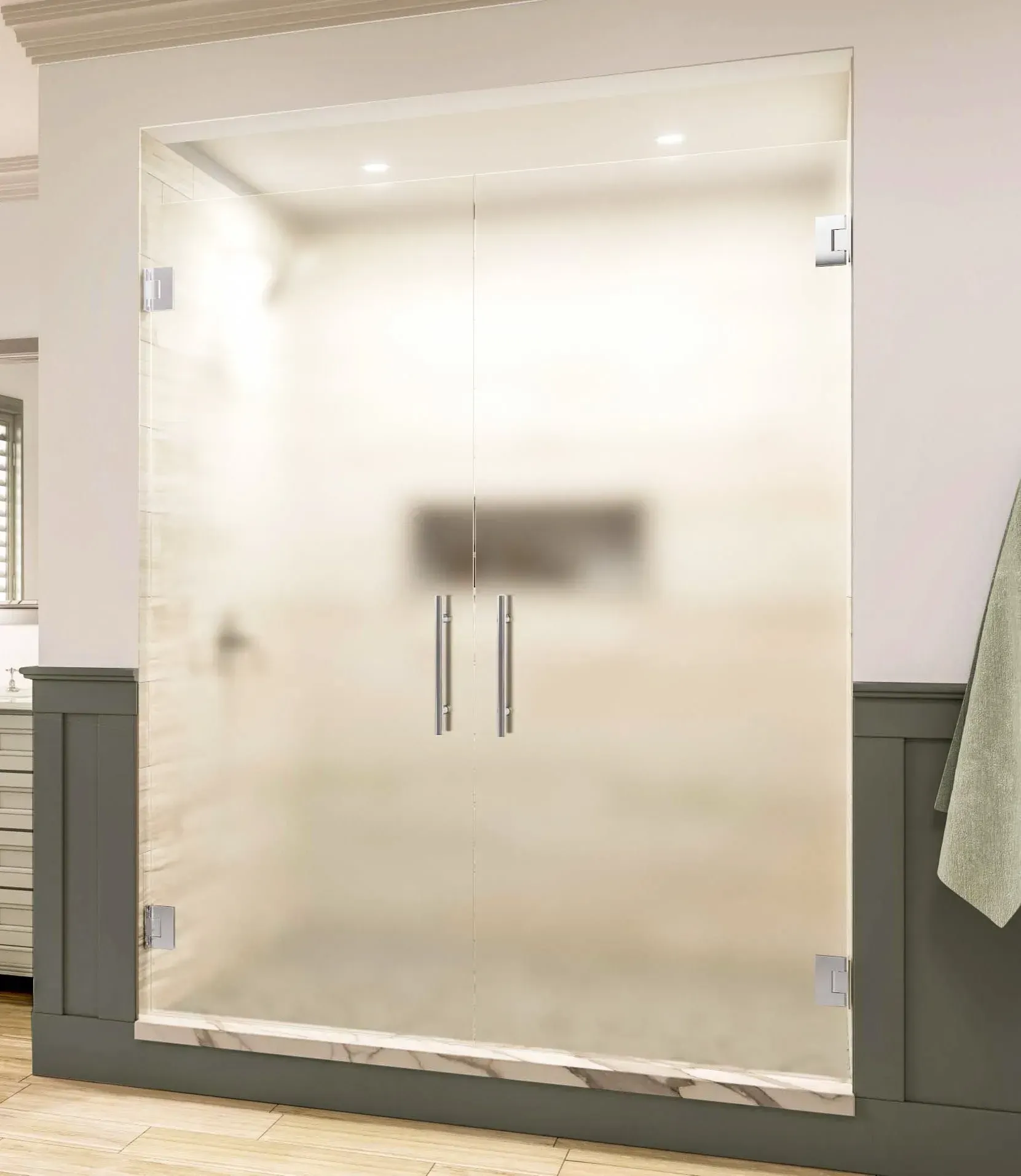 Frosted glass double doors with vertical handles in a hallway opening