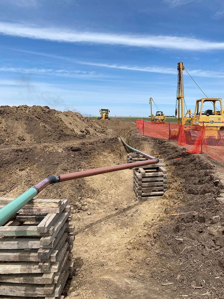 A construction site with a bunch of pipes in the dirt