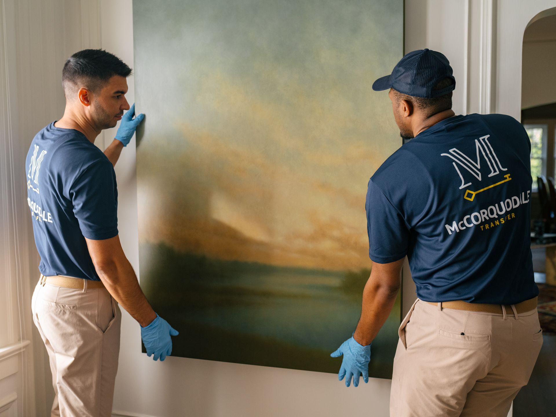Two people in blue shirts and tan pants carefully hold a large piece of art.