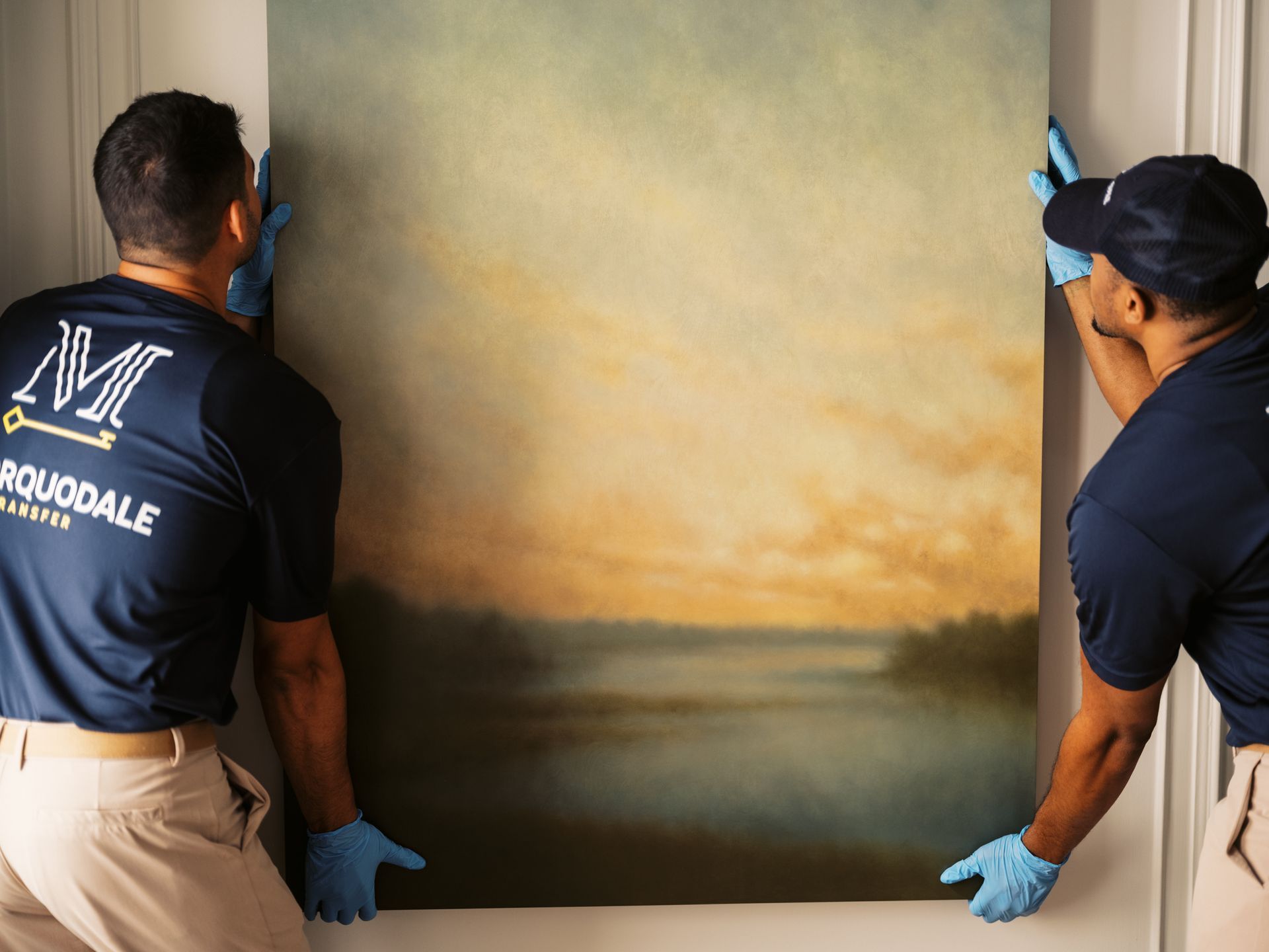 Two movers in blue shirts and gloves holding a large painting with a landscape scene.