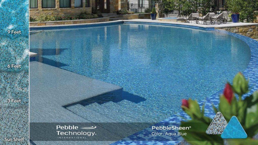 Blue tile pool with stone steps and surroundings. Pebble Technology advertisement.