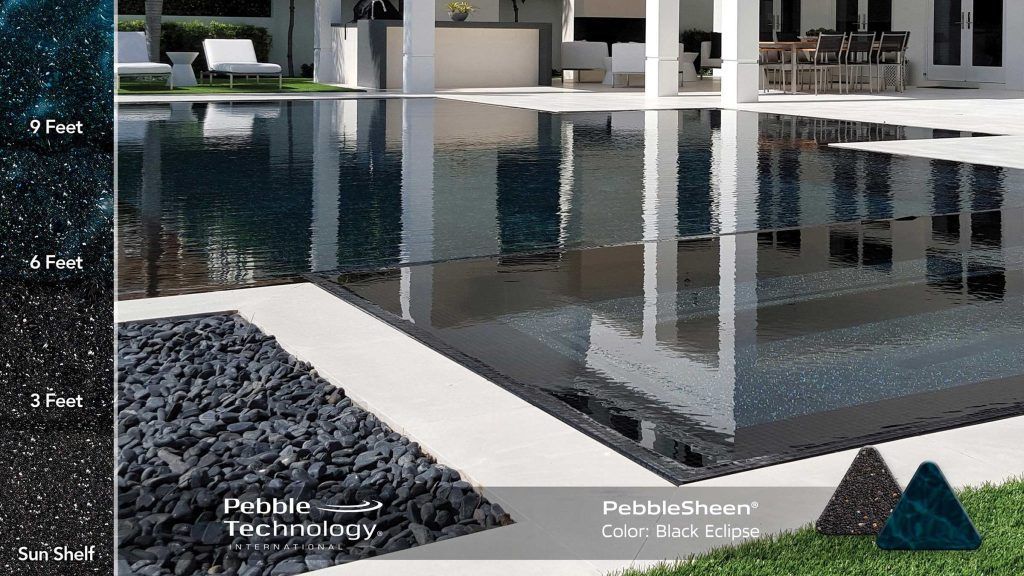 Dark pool with reflective water, surrounded by white stone and dark pebbles. Pebble Technology branding.