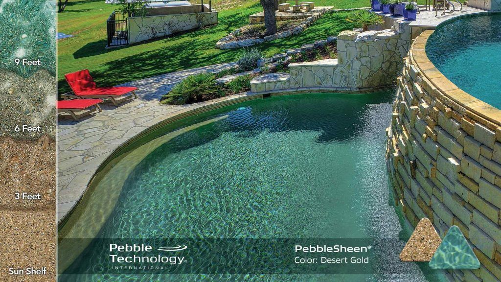 Pool with stone surround and water features; examples of Pebble Technology colors.