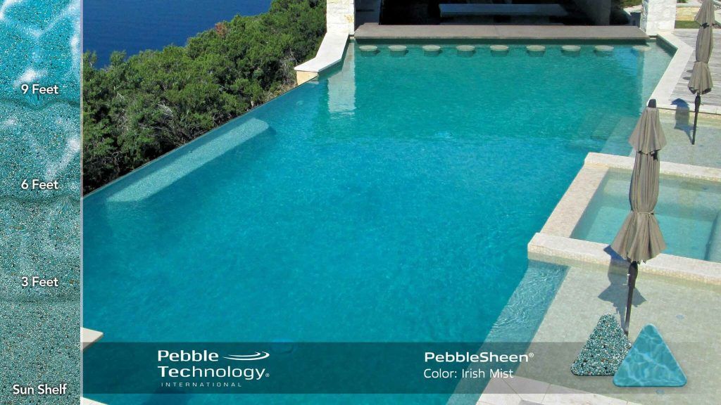 Turquoise infinity pool overlooking the ocean, with the Pebble Technology logo.