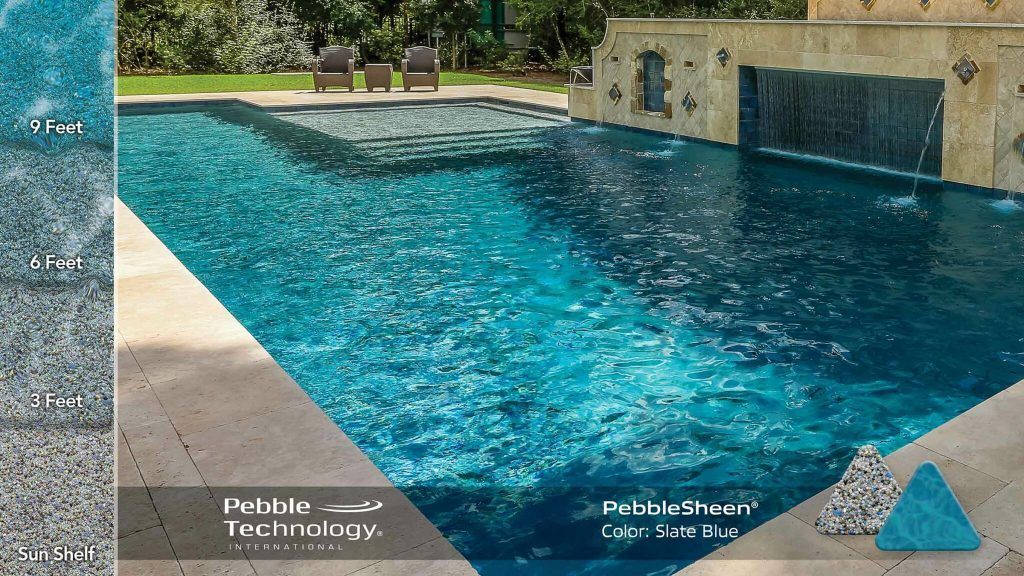 A teal-colored pebble-finish pool with a waterfall feature.
