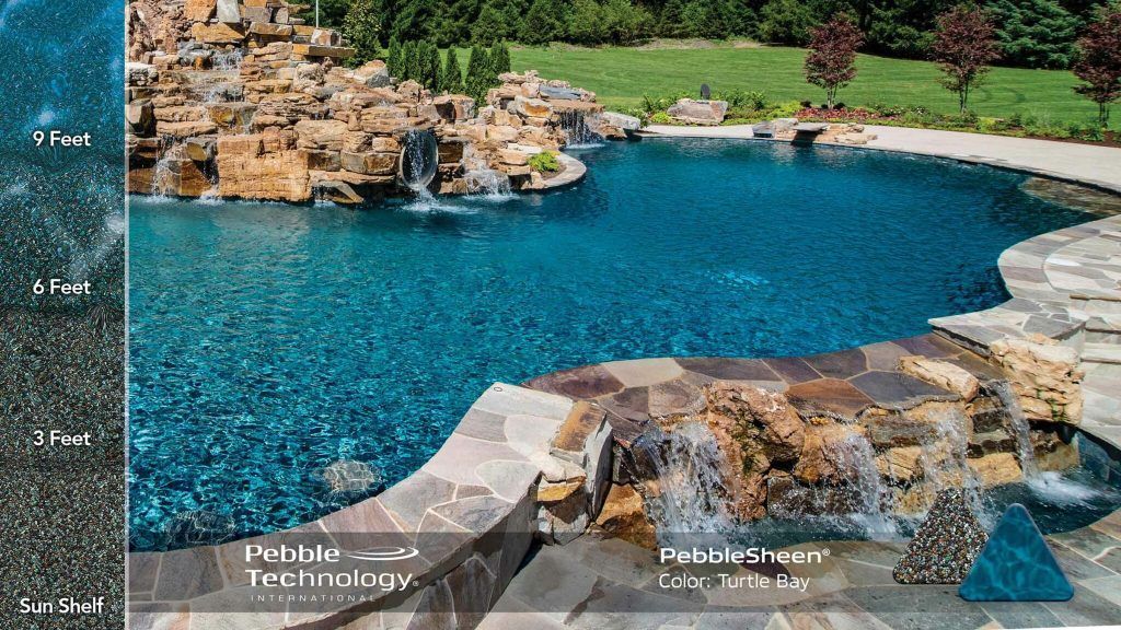 Luxurious swimming pool with waterfall features, surrounded by rock formations and landscaping.