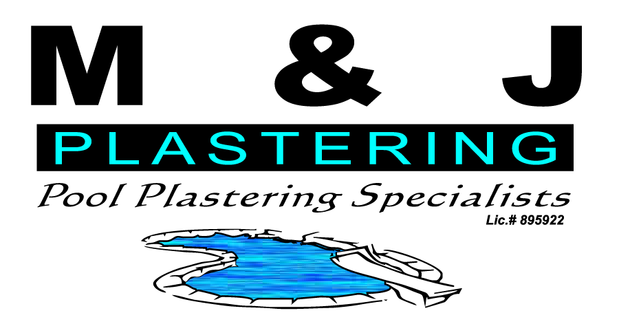 M & J Plastering logo: Black letters, blue "Plastering" on black bar, pool graphic, and "Pool Plastering Specialists".