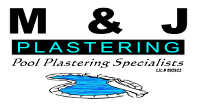 M & J Plastering logo: Black letters, blue "Plastering" on black bar, pool graphic, and "Pool Plastering Specialists".