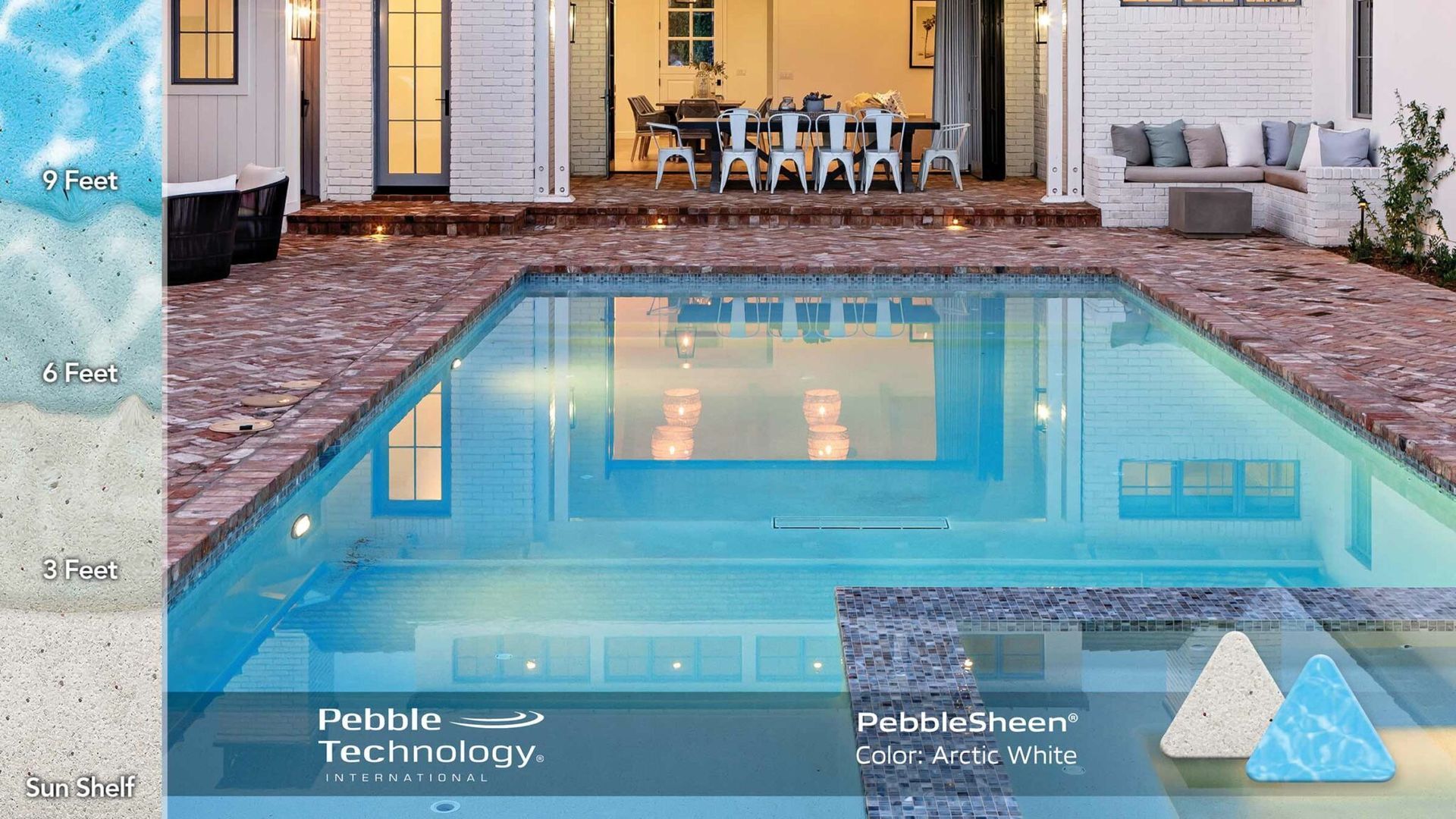 Pool with blue water, brick patio, and a white house in the background. Shows pebble technology options.