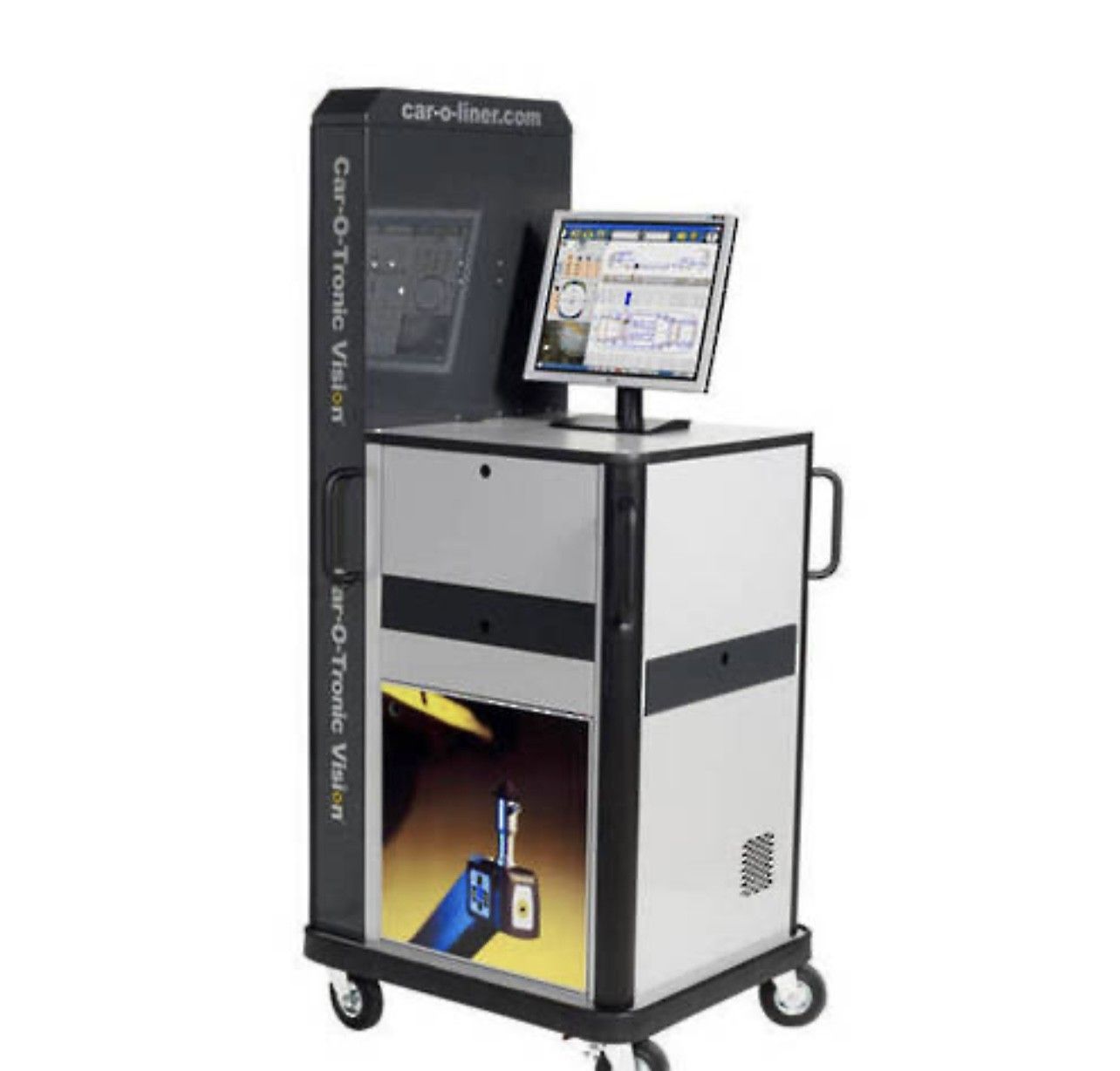 Car-O-Tronic Vision measuring system on wheels. Black and silver machine with a monitor displaying car data.