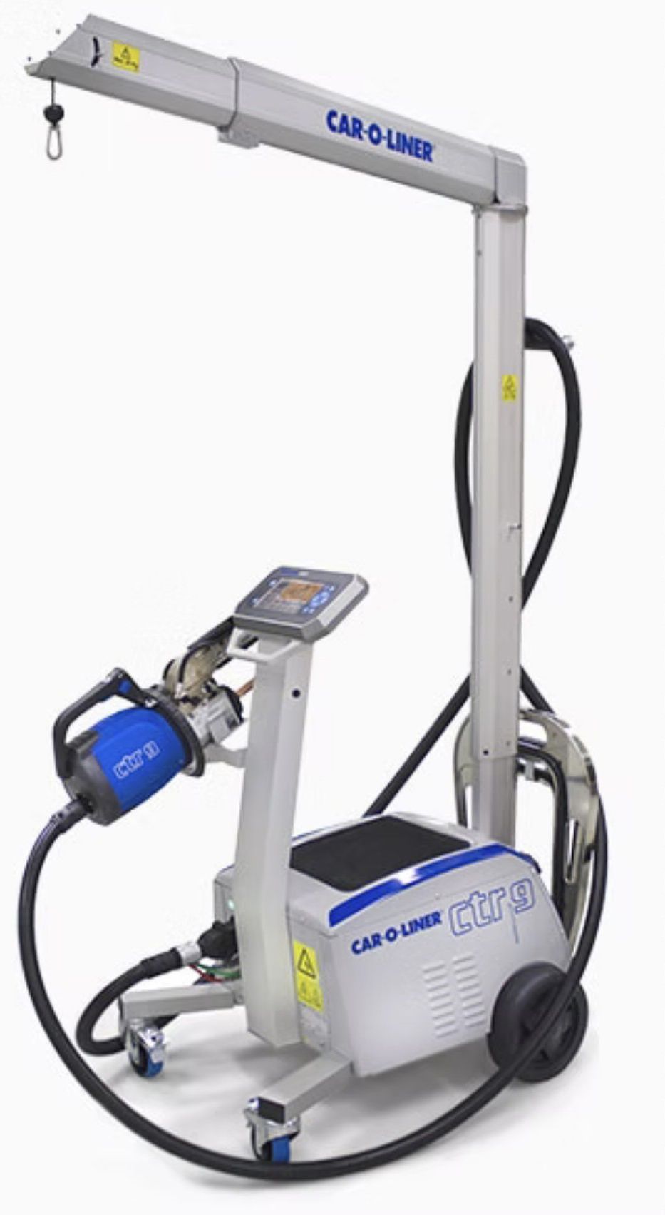 A silver CAB-O-LINER dent repair machine with a blue tool. It has a control panel and is on wheels.