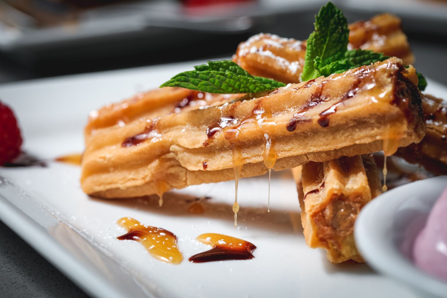 Churros drizzled with caramel sauce, garnished with mint, on a white plate with a raspberry and pink dipping sauce.